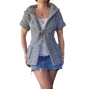Vintage Y2K Abercrombie & Fitch Babydoll Short Sleeve Sweater Cardigan Grey Knit